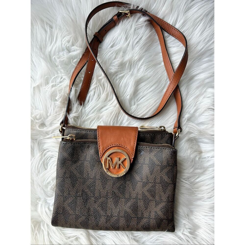 Michael Kors Fulton MK Monogram Crossbody Bag Leather Dark Brown Saddle